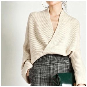 Effortless Cream Ribbed Wrap V-Neck Sweater